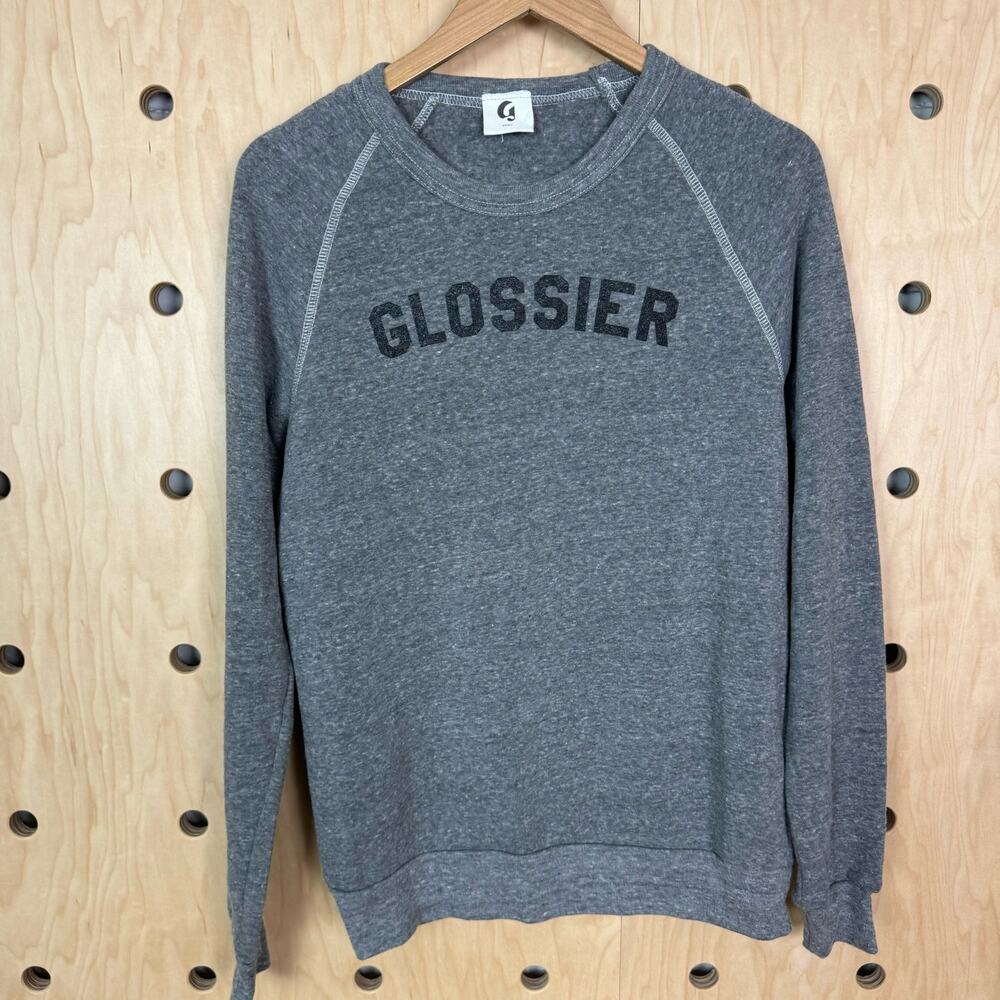 Glossier Women’s Relaxed Fit Raglan Logo Heather Gray Sweatshirt Size Small - Picture 3 of 6